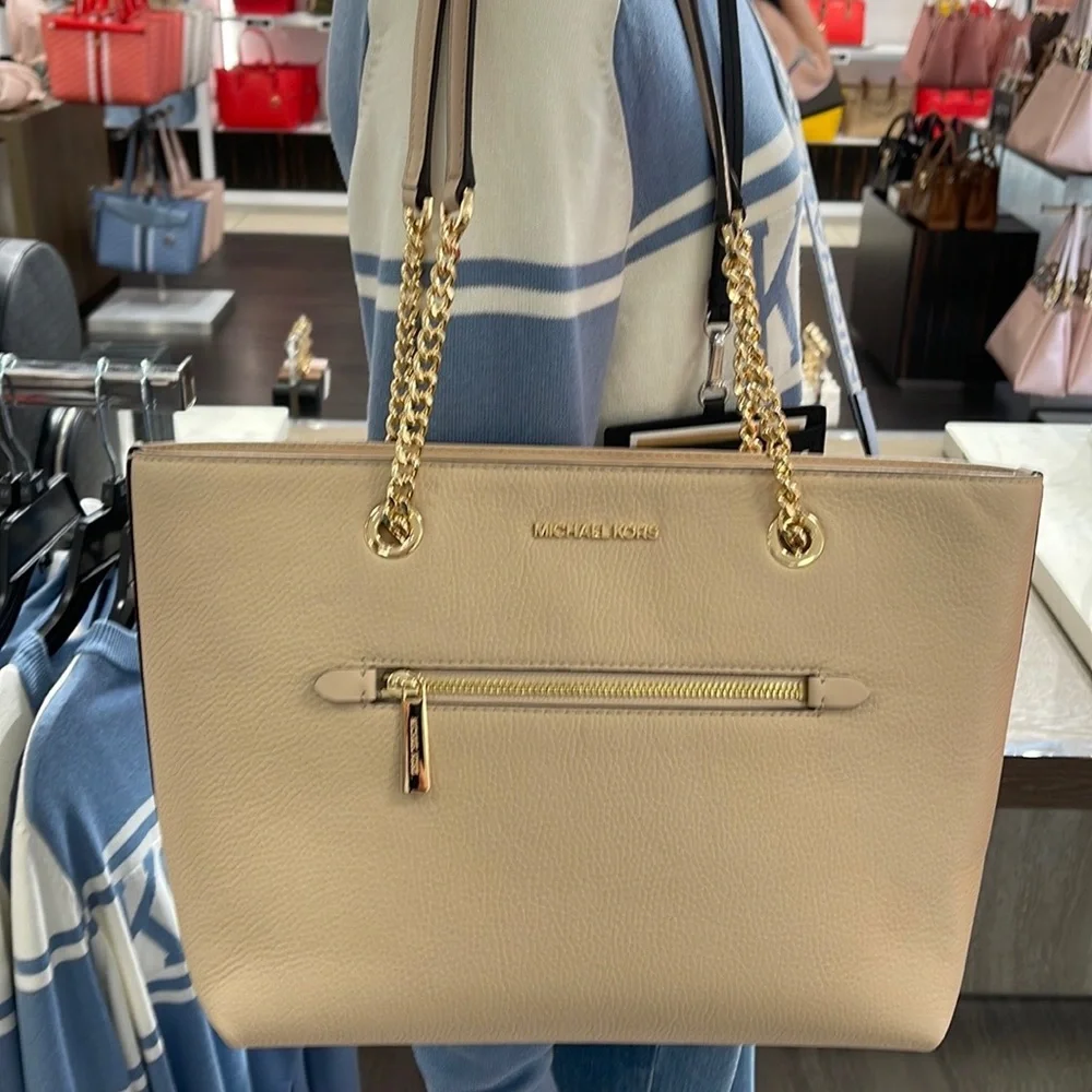 MICHAEL KORS Jet Set Medium Front Zip Pebbled Leather Chain Tote Bag Buff NWT
